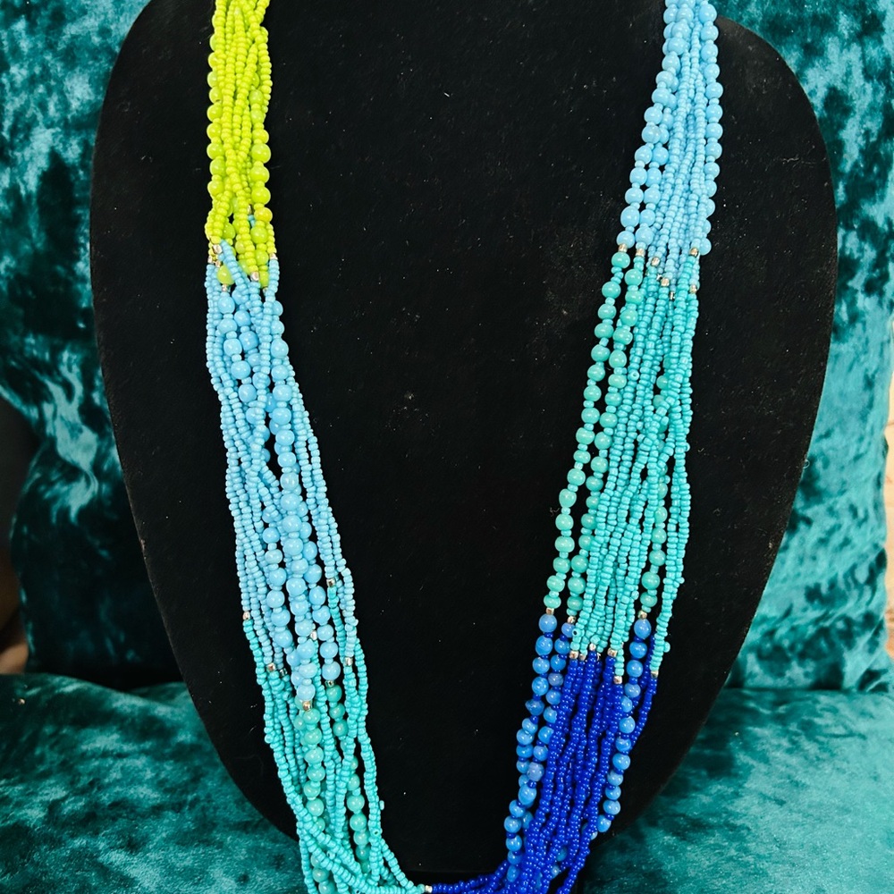 Layered Beaded Necklace in Blue, Turquoise & Lime - Women’s Necklace